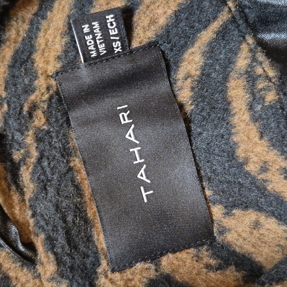 Tahari Black & Brown Wool Blend Lined 1 Button Zebra Print Midi Coat Pockets XS - Picture 6 of 9